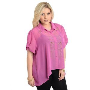 Lamjya Ladies Sheer Button Shirt Embellished Hi-Lo Hem Lilac Plus Size 2X  NWT